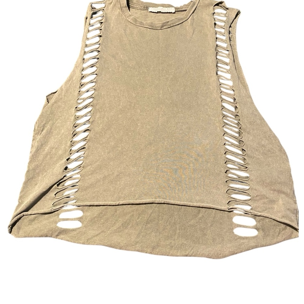 DON’T ASK WHY Distressed Olive Green Muscle Tee with Cut Out Details